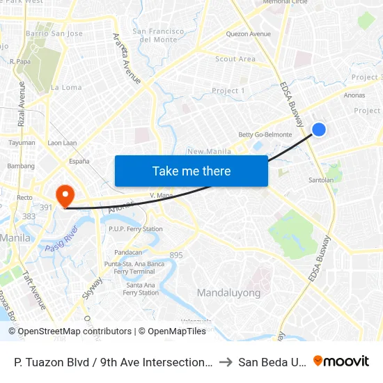 P. Tuazon Blvd / 9th Ave Intersection, Quezon City, Manila to San Beda University map