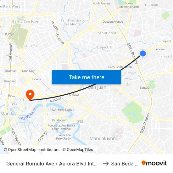 General Romulo Ave / Aurora Blvd Intersection, Quezon City, Manila to San Beda University map