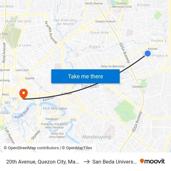 20th Avenue, Quezon City, Manila to San Beda University map