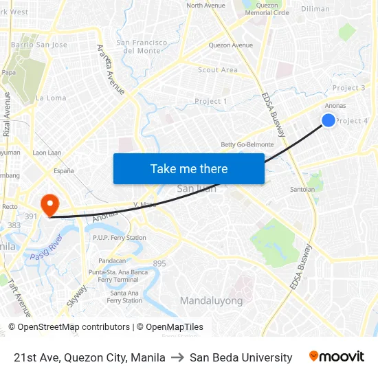 21st Ave, Quezon City, Manila to San Beda University map