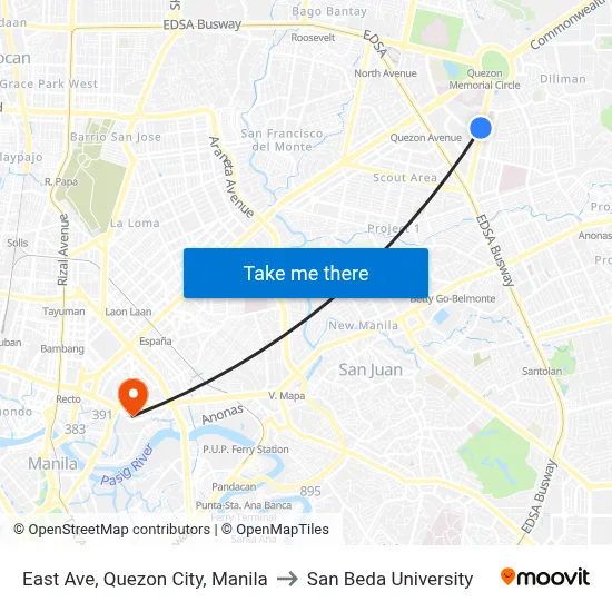 East Ave, Quezon City, Manila to San Beda University map