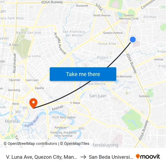 V. Luna Ave, Quezon City, Manila to San Beda University map
