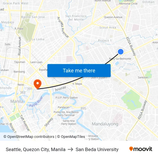 Seattle, Quezon City, Manila to San Beda University map