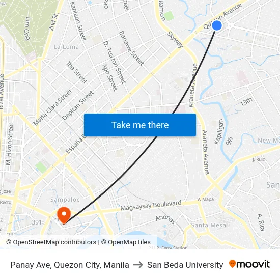 Panay Ave, Quezon City, Manila to San Beda University map