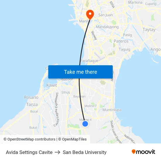 Avida Settings Cavite to San Beda University map