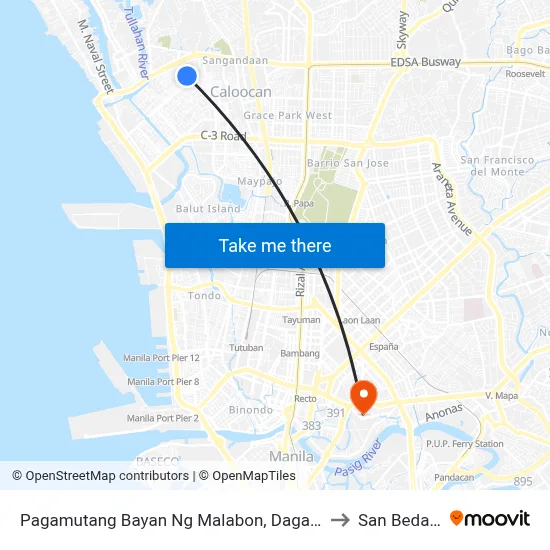 Pagamutang Bayan Ng Malabon, Dagat- Dagatan Avenue, Caloocan City to San Beda University map