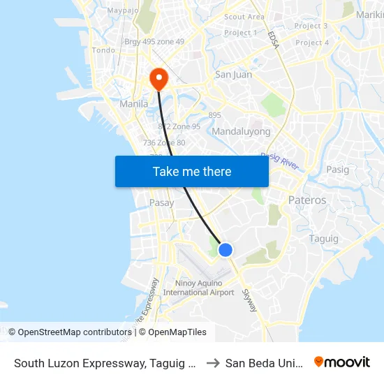 South Luzon Expressway, Taguig City, Manila to San Beda University map