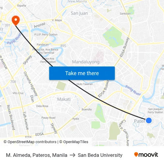 M. Almeda, Pateros, Manila to San Beda University map