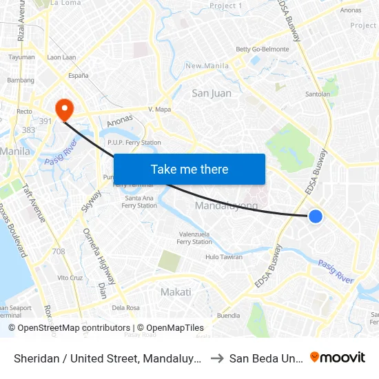 Sheridan / United Street, Mandaluyong City, Manila to San Beda University map
