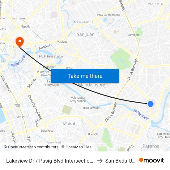 Lakeview Dr / Pasig Blvd Intersection, Pasig City, Manila to San Beda University map