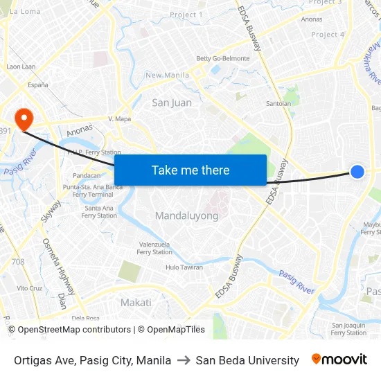 Ortigas Ave, Pasig City, Manila to San Beda University map