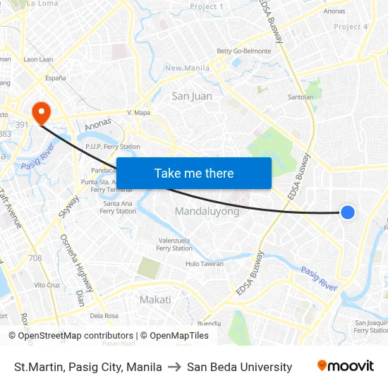 St.Martin, Pasig City, Manila to San Beda University map