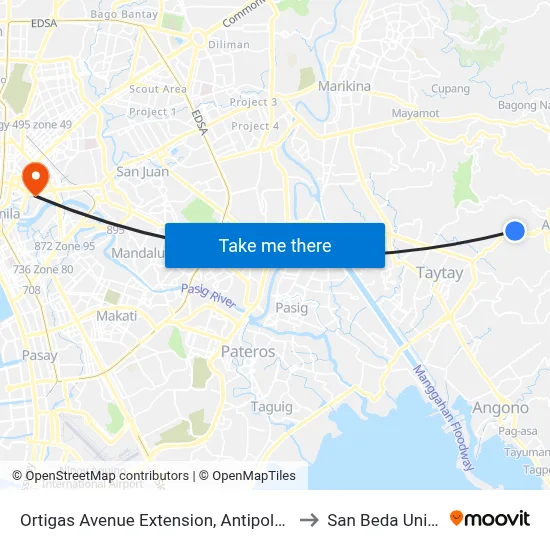 Ortigas Avenue Extension, Antipolo City, Manila to San Beda University map