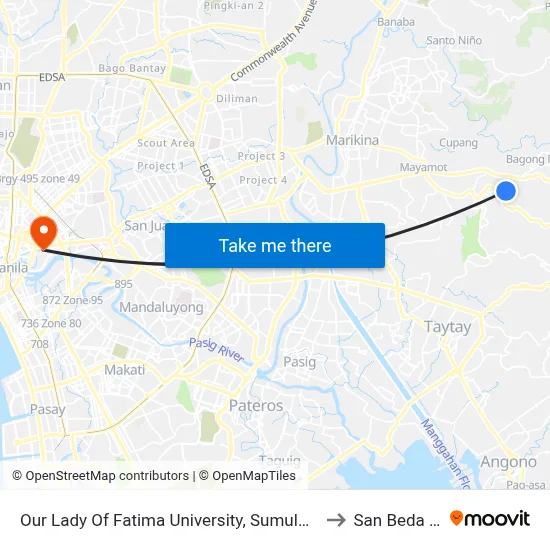 Our Lady Of Fatima University, Sumulong Hwy, Antipolo City, Manila to San Beda University map