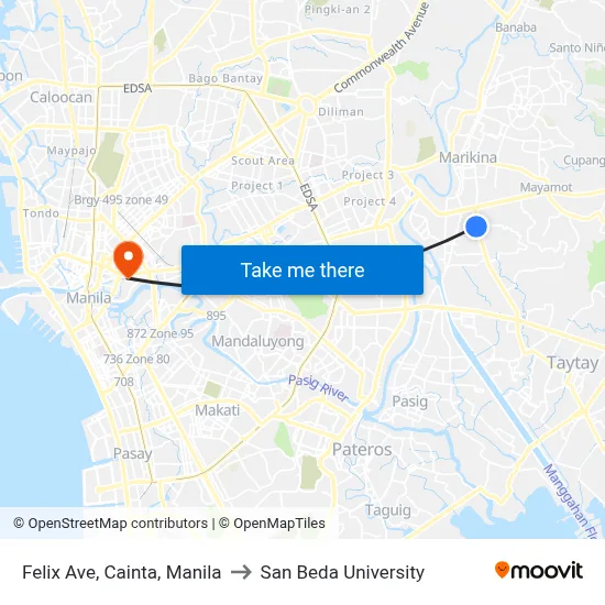 Felix Ave, Cainta, Manila to San Beda University map