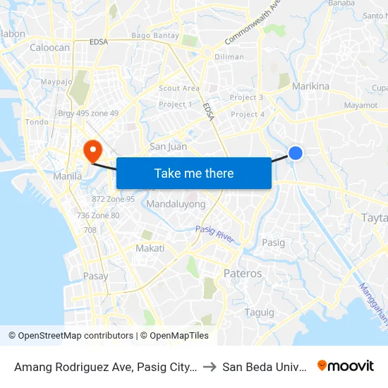 Amang Rodriguez Ave, Pasig City, Manila to San Beda University map