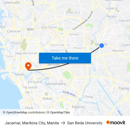 Jacamar, Marikina City, Manila to San Beda University map