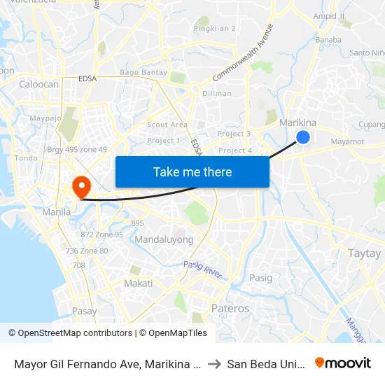 Mayor Gil Fernando Ave, Marikina City, Manila to San Beda University map