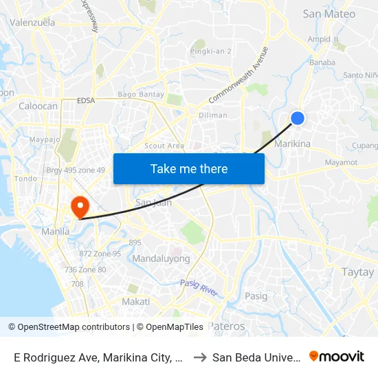 E Rodriguez Ave, Marikina City, Manila to San Beda University map
