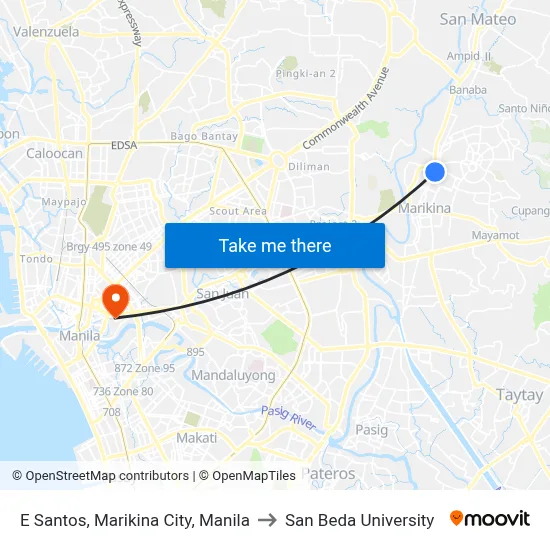 E Santos, Marikina City, Manila to San Beda University map