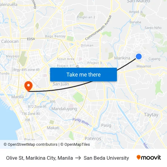 Olive St, Marikina City, Manila to San Beda University map
