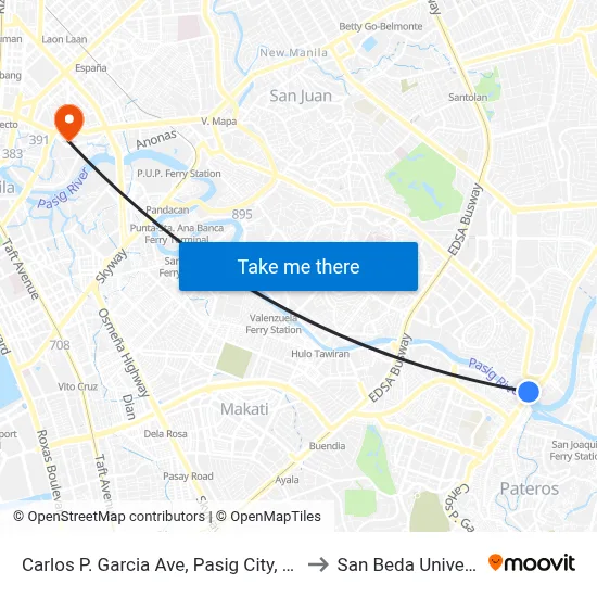 Carlos P. Garcia Ave, Pasig City, Manila to San Beda University map