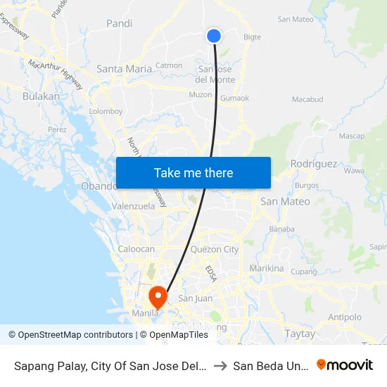 Sapang Palay, City Of San Jose Del Monte, Manila to San Beda University map