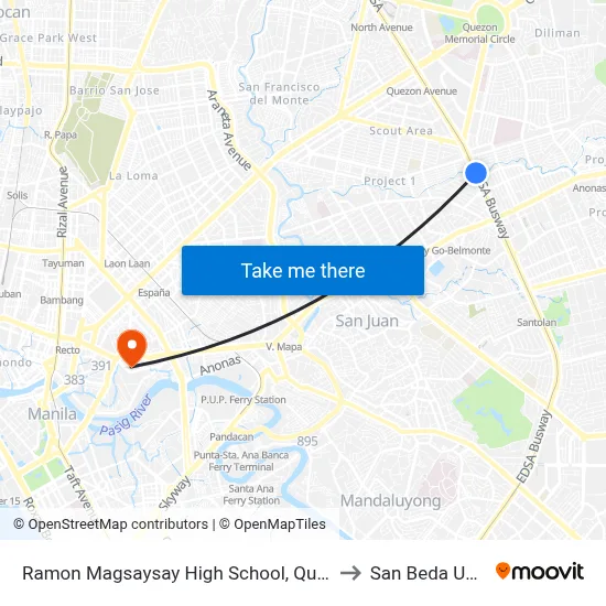 Ramon Magsaysay High School, Quezon City, Manila to San Beda University map