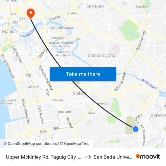 Upper Mckinley Rd, Taguig City, Manila to San Beda University map