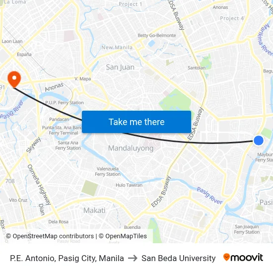 P.E. Antonio, Pasig City, Manila to San Beda University map
