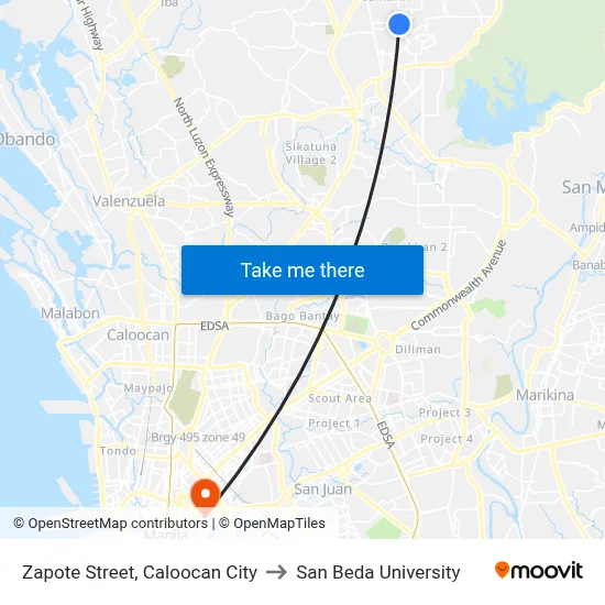 Zapote Street, Caloocan City to San Beda University map