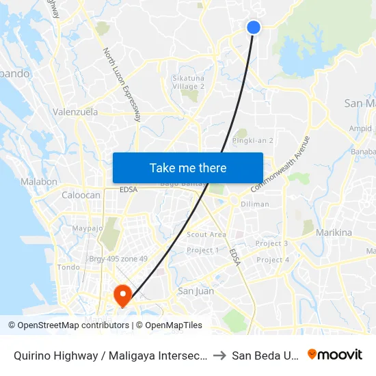 Quirino Highway / Maligaya Intersection, Caloocan City to San Beda University map