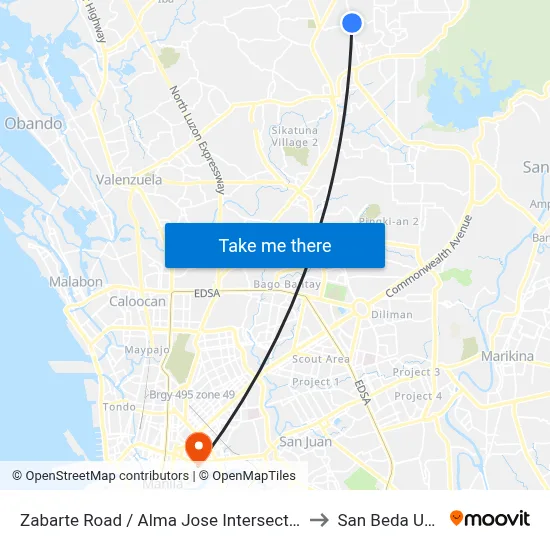 Zabarte Road / Alma Jose Intersection, Caloocan City to San Beda University map