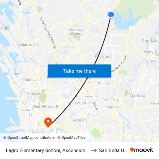 Lagro Elementary School, Ascencion Avenue, Quezon City to San Beda University map