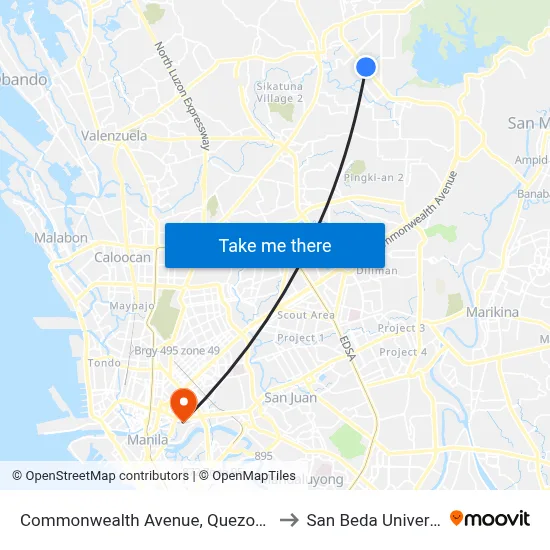 Commonwealth Avenue, Quezon City to San Beda University map