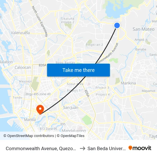 Commonwealth Avenue, Quezon City to San Beda University map