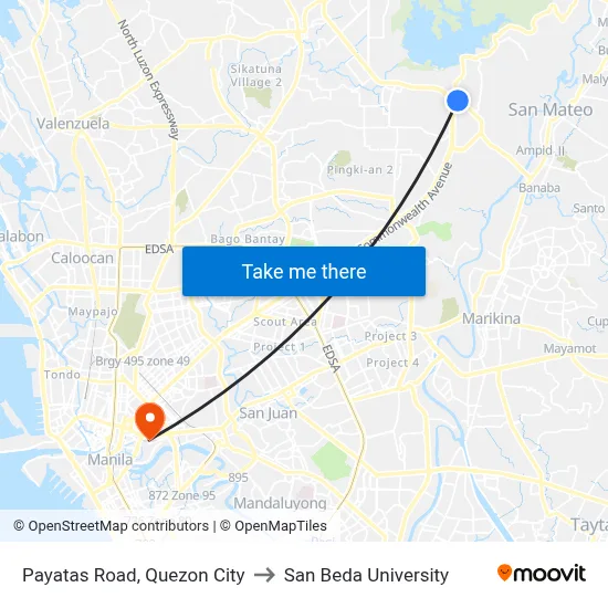 Payatas Road, Quezon City to San Beda University map