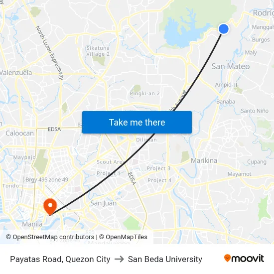 Payatas Road, Quezon City to San Beda University map