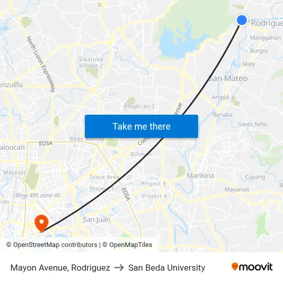 Mayon Avenue, Rodriguez to San Beda University map