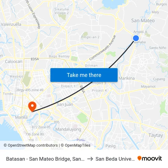 Batasan - San Mateo Bridge, San Mateo to San Beda University map