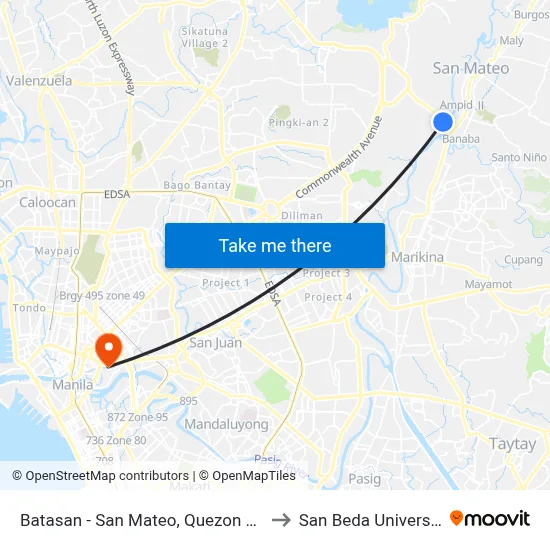 Batasan - San Mateo, Quezon City to San Beda University map
