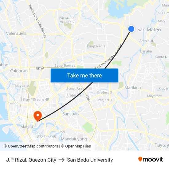 J.P Rizal, Quezon City to San Beda University map