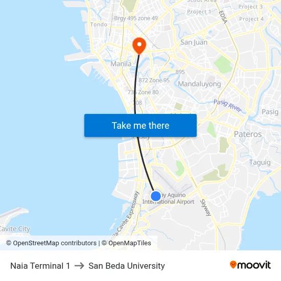 Naia Terminal 1 to San Beda University map