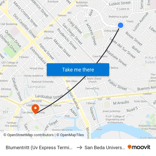 Blumentritt (Uv Express Terminal) to San Beda University map
