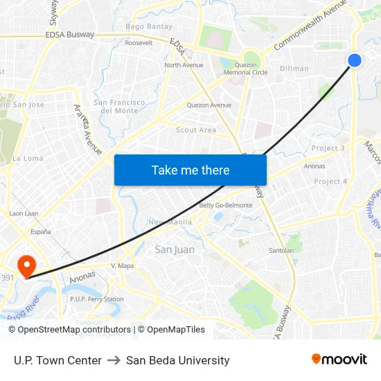 U.P. Town Center to San Beda University map