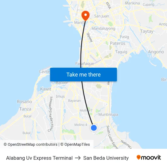 Alabang Uv Express Terminal to San Beda University map