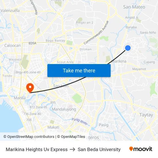 Marikina Heights Uv Express to San Beda University map