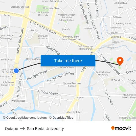 Quiapo to San Beda University map