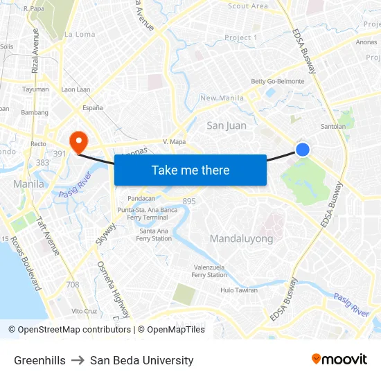 Greenhills to San Beda University map