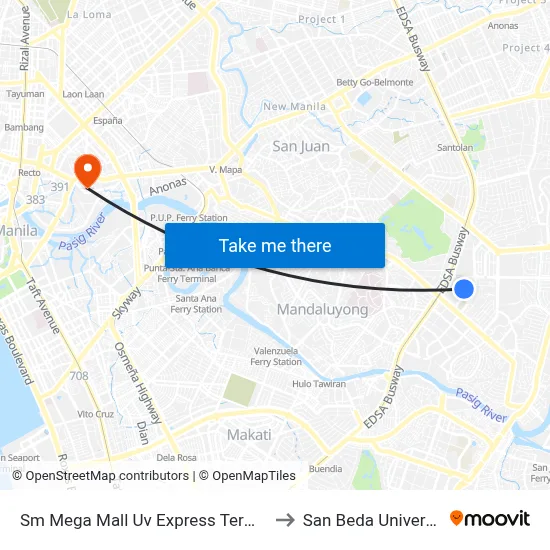 Sm Mega Mall Uv Express Terminal to San Beda University map